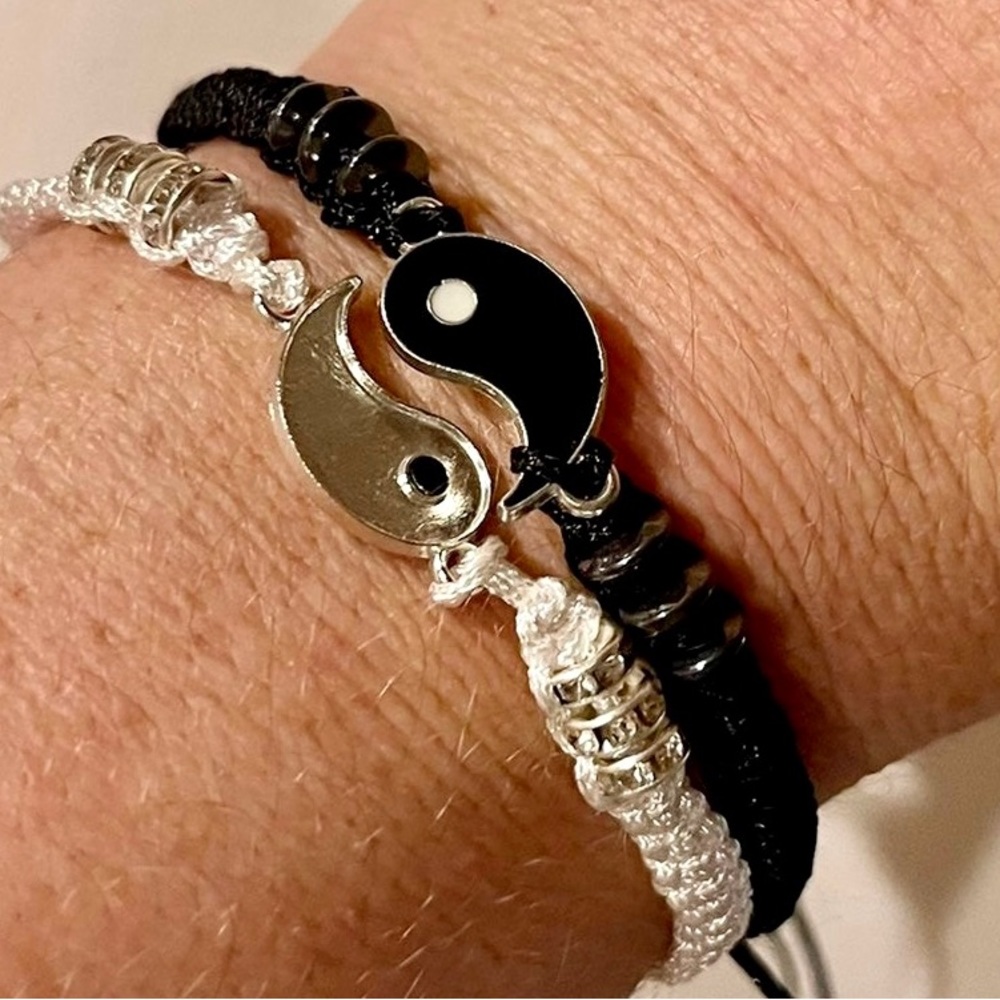 Set of 2 Silver-tone Nylon Braided Adjustable Ying Yang Bracelets